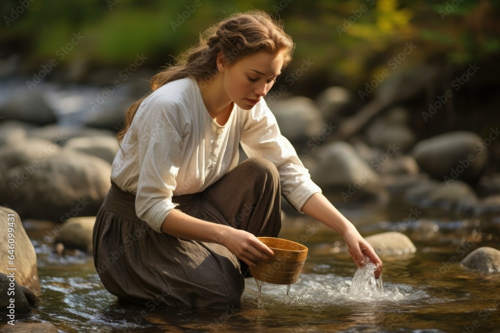 Woman washing bowl in a river