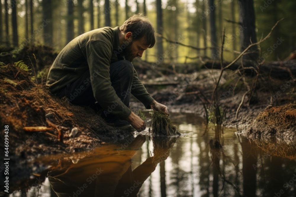 Man investigating trench in forest Man investigating trench in forest
