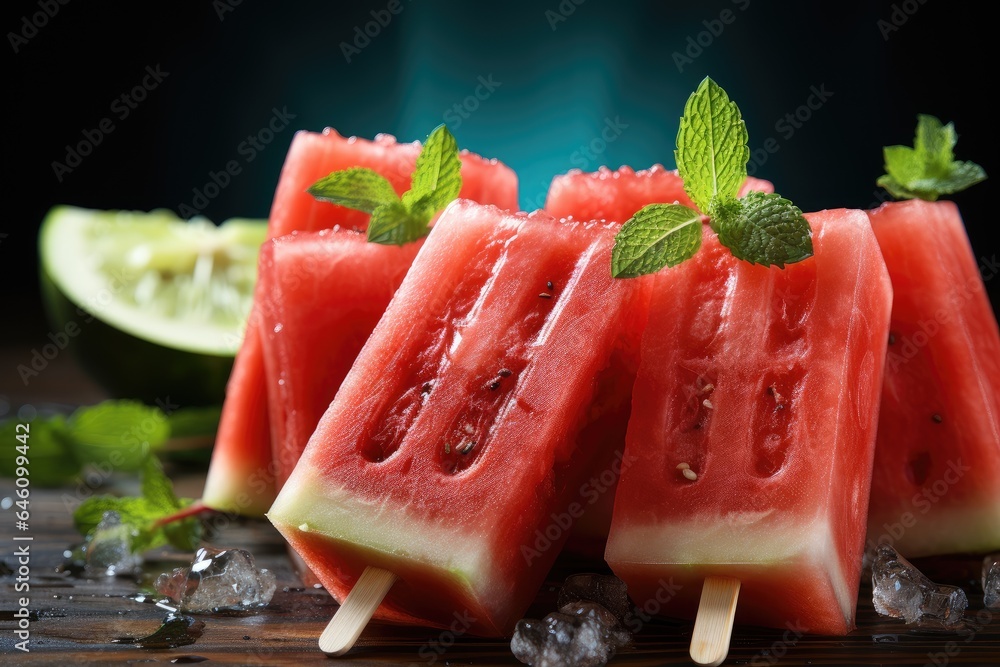 Delicious watermelon ice cream on plate, closeup. Homemade watermelon popsicles with ice against a vintage metal tray background
