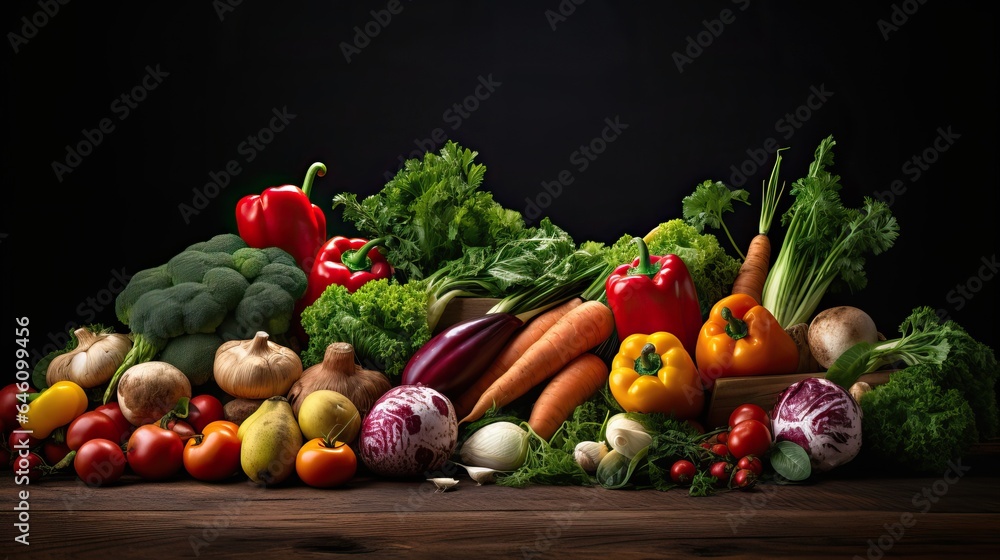 Professional Shot of a Bunch of Vegetables on a Wooden Surface over a Dark Background. Professional Shot of a Bunch of Vegetables on a Wooden Surface over a Dark Background.