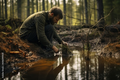 Man investigating trench in forest