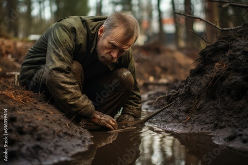 Man investigating trench in forest © Terri