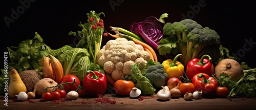 Professional Shot of a Bunch of Vegetables on a Wooden Surface over a Dark Background.