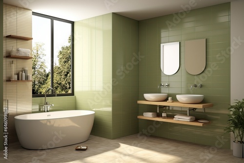 Modern and Naturalistic Bathroom. Green Walls and some Vegetation Inside.