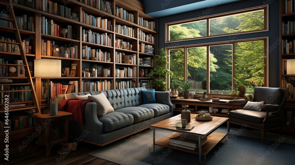 Cozy home library interior with a variety of books on shelves and a relaxing reading area