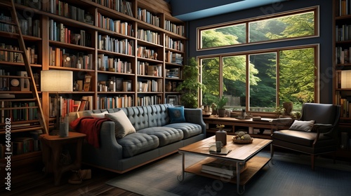 Cozy home library interior with a variety of books on shelves and a relaxing reading area