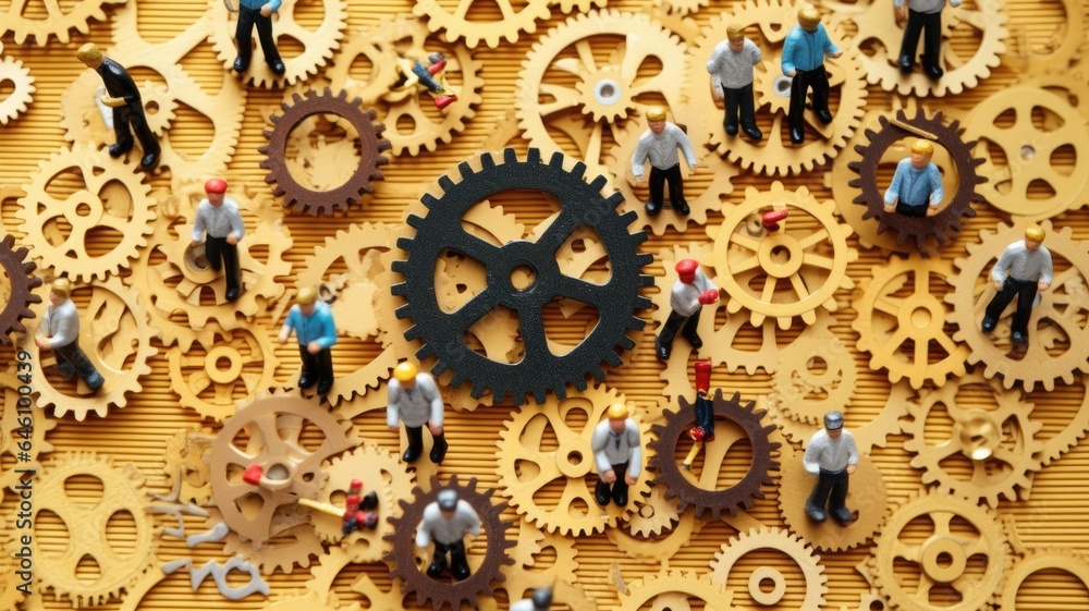 Miniature business people connecting many gears, top view, concept of teamwork. Generative AI image weber.