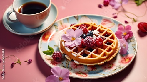 Delicious sweet waffles served on a pink tray with hot milk and fruit sauce on a colorful table background can be seen from above.