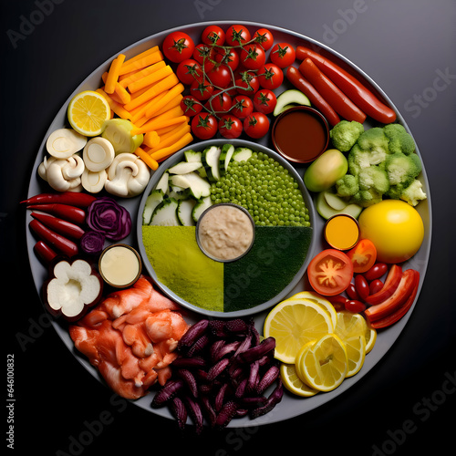 Freshly sliced vegetables arranged on a plate with sauces on the dark background