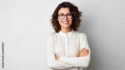 Over a white background, a smiling brunette woman wearing glasses poses with her arms crossed and looks directly into the camera.