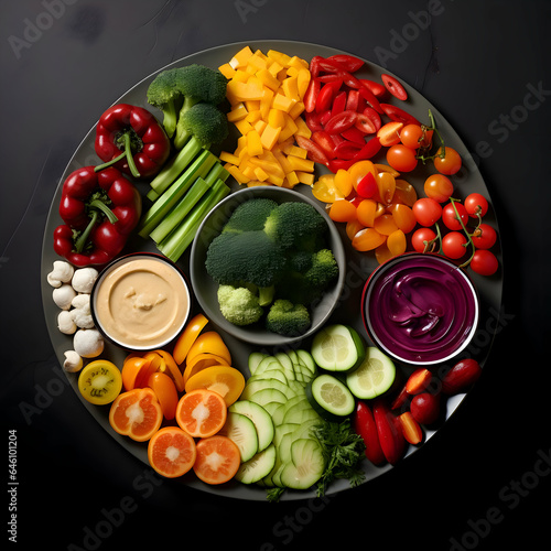 Freshly sliced vegetables arranged on a plate with sauces on the dark background
