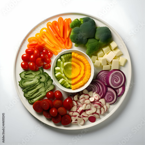Freshly sliced vegetables arranged on a plate with sauces on the white background