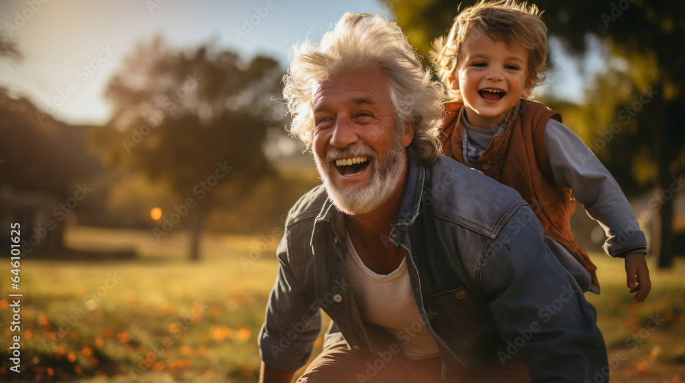 Parent and child playing in the park. Playful grandfather spending time with his grandson