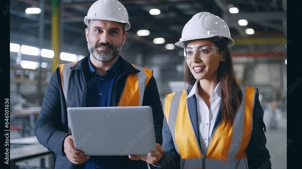 Two engineer manager leader and woman assistant holding laptop wearing helmet talking and checking production. Two engineer manager leader and woman assistant holding laptop wearing helmet talking and checking production.