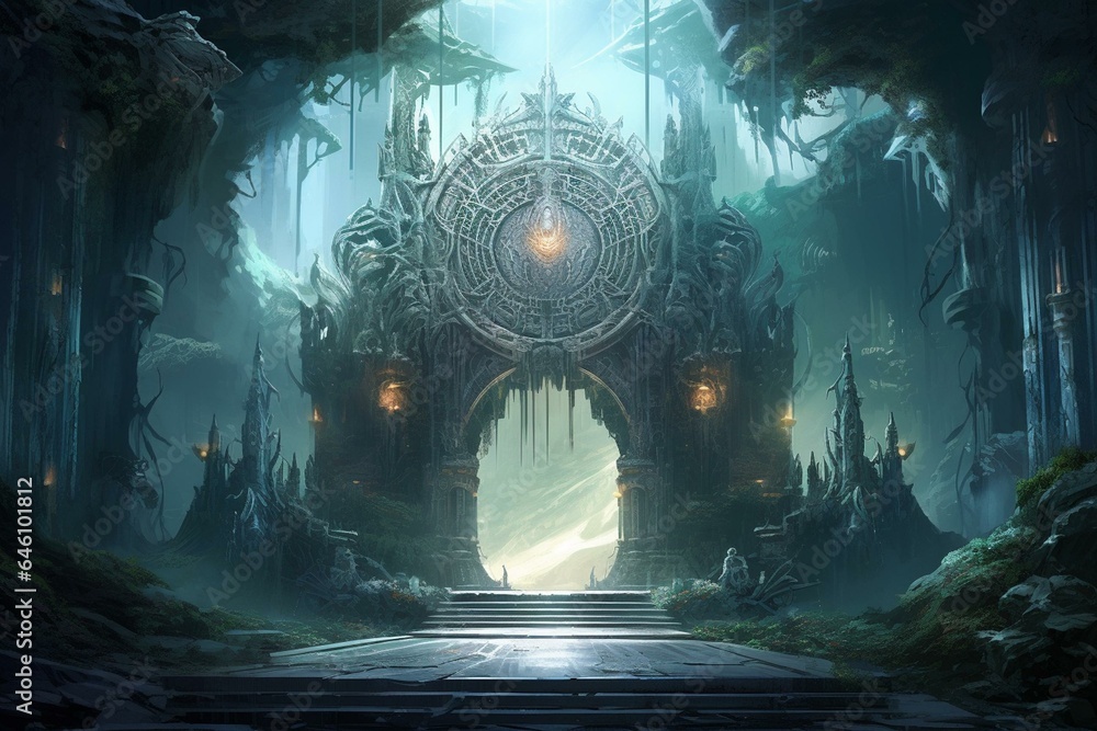Fototapeta premium Illustration of a fantasy-themed gateway to an unknown world. Generative AI