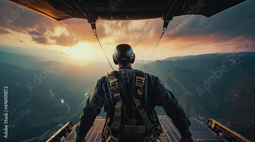 Extreme skydiving. Skydiver flying on a parachute at sunset. Extreme sport
