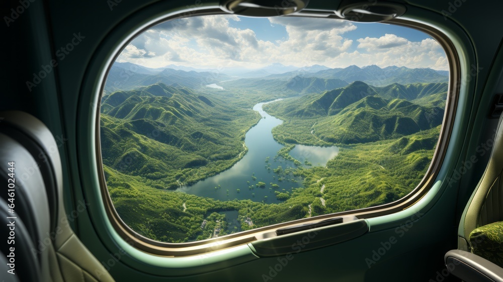 Naklejka premium view from an airplane of an amazing passage with clouds, mountains and water in the distance, travel
