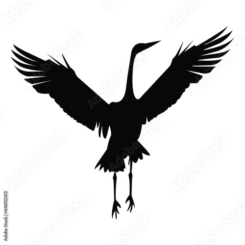 Black Flying Crane Silhouette on White Background