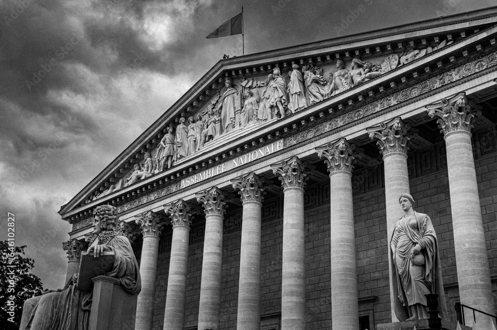 Obraz premium Exterior View of the French National Assembly, Paris, France - Black and White Photo