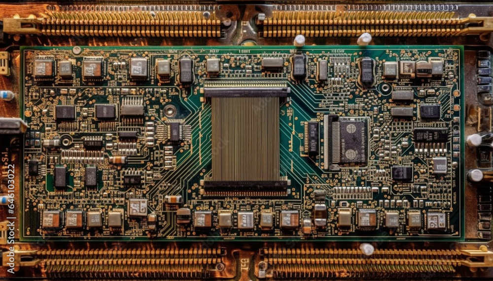Obraz premium Complexity of semiconductor circuit board, a small futuristic marvel generated by AI
