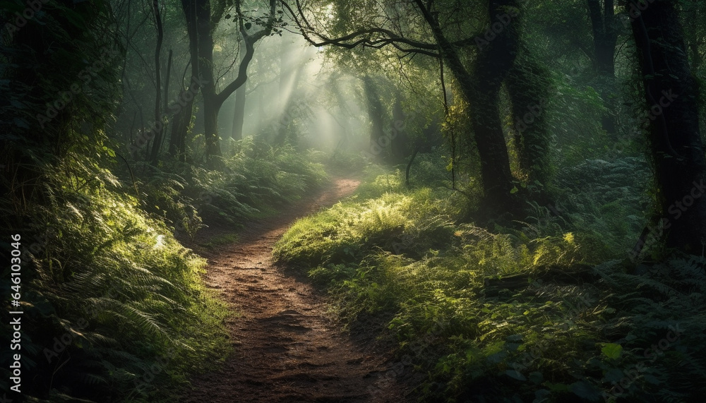 Tranquil forest footpath, mysterious fog, green leaves, beauty in nature generated by AI