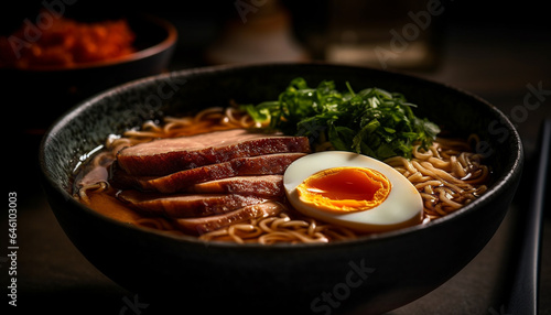 Grilled pork slice with vegetable ramen, a healthy gourmet meal generated by AI