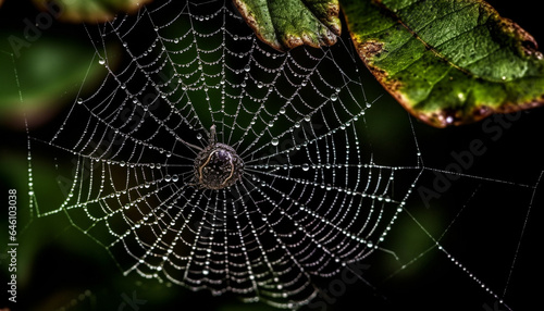 Spider spins intricate web, capturing dew drops in nature beauty generated by AI