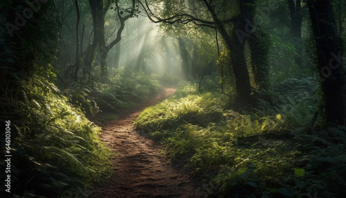 Tranquil forest footpath, mysterious fog, green leaves, beauty in nature generated by AI