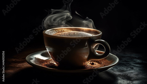 Dark coffee cup on wood table, steam rising, frothy elegance generated by AI