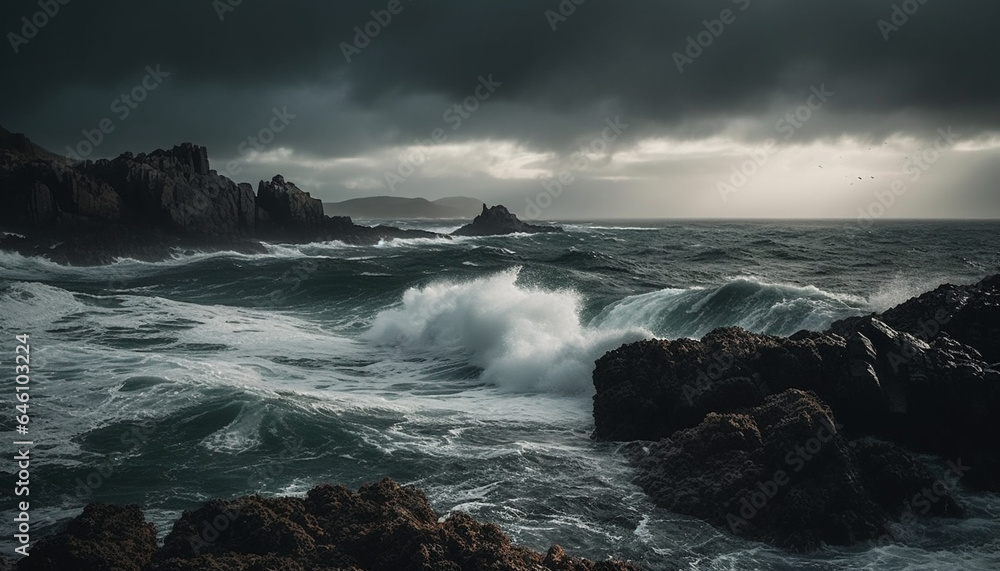 Rough wave crashes against cliff, dramatic sky adds awe inspiring beauty generated by AI