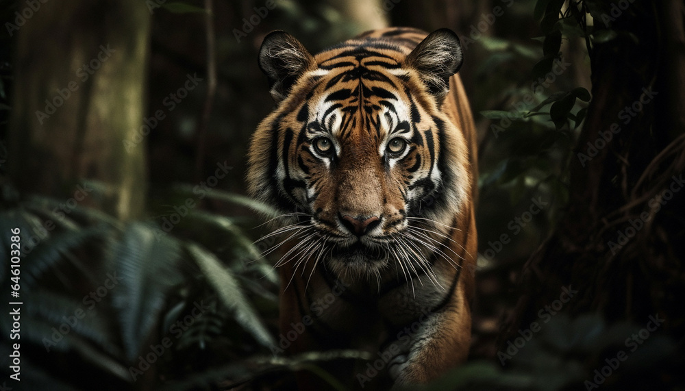 Bengal tiger staring, close up portrait of majestic big cat generated by AI Bengal tiger staring, close up portrait of majestic big cat generated by AI