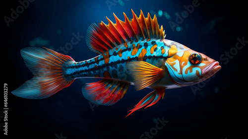 3d render of a colorful fish on a dark blue background