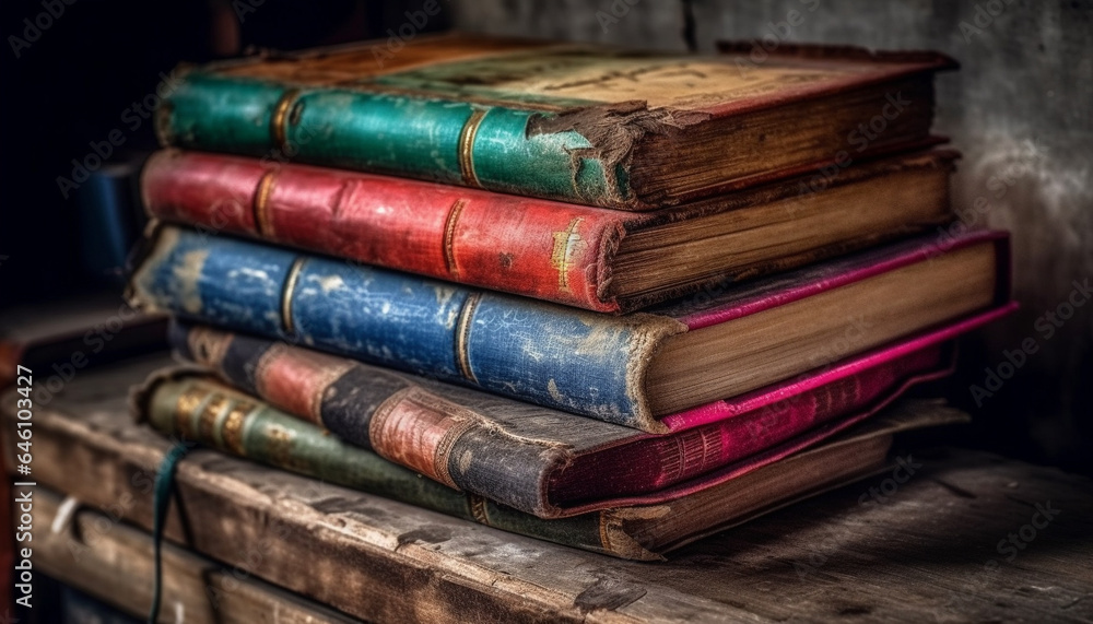 Antique book collection on old fashioned bookshelf in dirty library generated by AI Antique book collection on old fashioned bookshelf in dirty library generated by AI