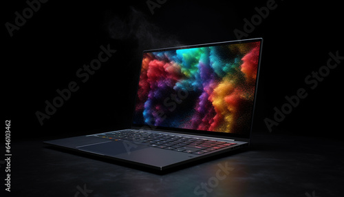 Modern laptop glows on black background  symbolizing futuristic technology generated by AI