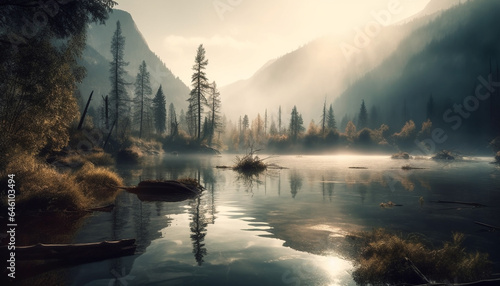 Tranquil scene of autumn forest, mountain range, and reflection on pond generated by AI