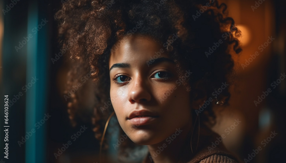 Young women with curly hair smiling, looking at camera indoors generated by AI