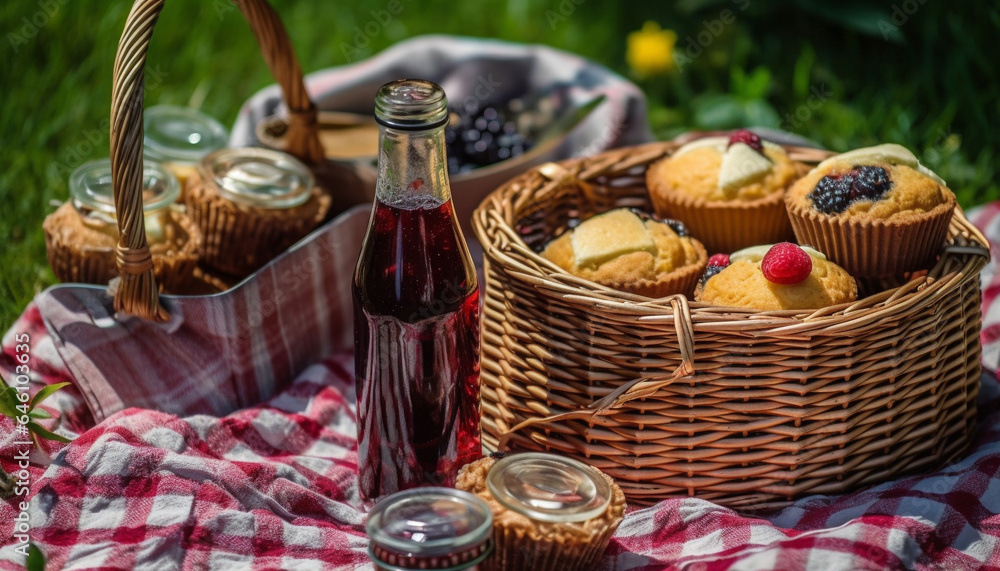 Picnic basket filled with homemade gourmet food and refreshing drinks generated by AI