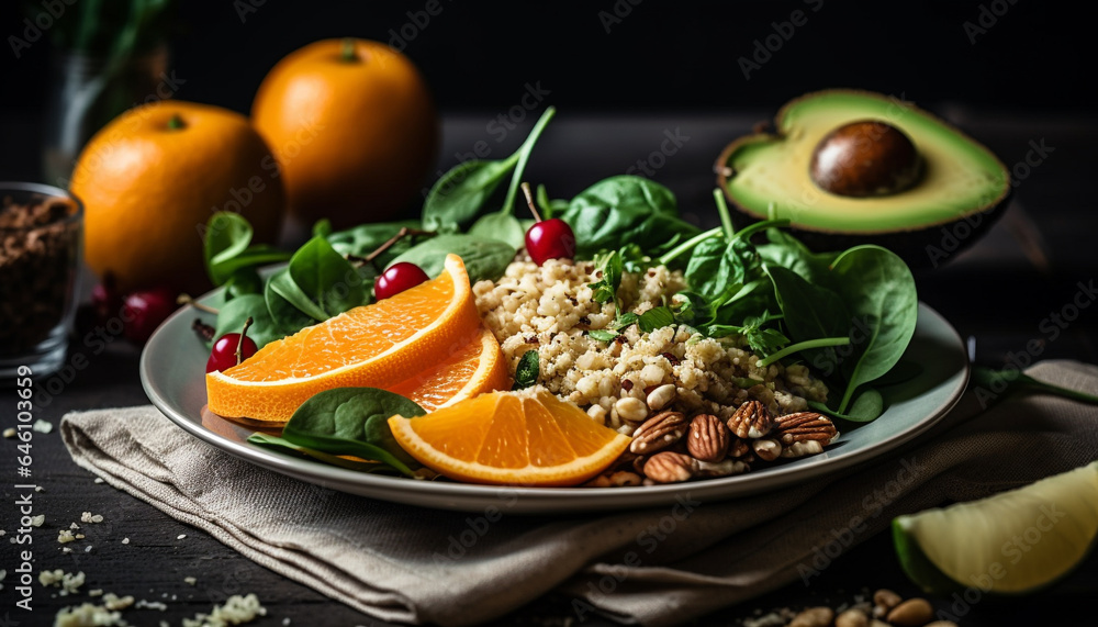 Fresh vegetarian salad with avocado, citrus fruit, and healthy nuts generated by AI