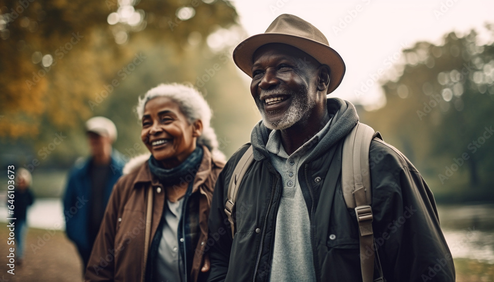 Smiling men and women enjoy leisure activity in nature together generated by AI Smiling men and women enjoy leisure activity in nature together generated by AI