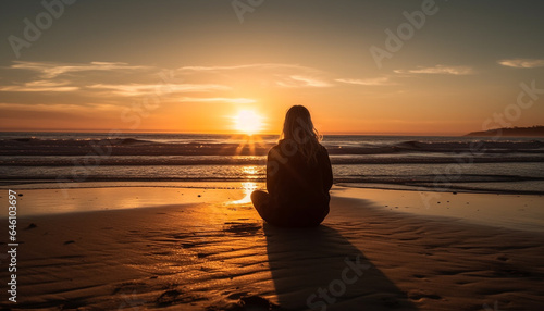 One person meditating on tranquil beach at sunrise, serene beauty generated by AI © Stockgiu