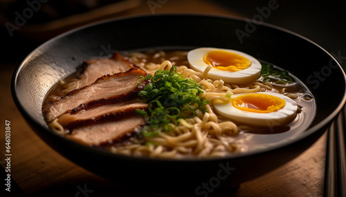 Bowl of gourmet pork ramen noodles with fresh vegetables and egg generated by AI