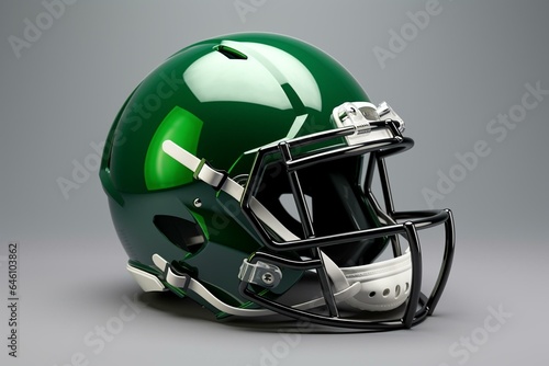 3D render of football helmet in green, seen from a perspective, on a grey background. Generative AI