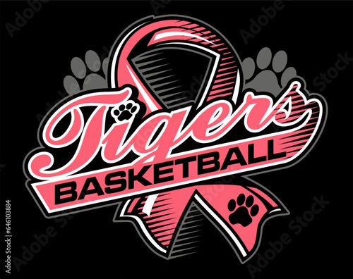 tigers basketball team design with pink cancer ribbon for school, college or league