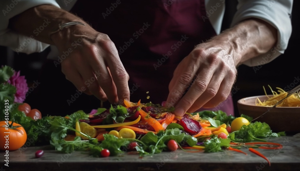 Healthy vegetarian salad prepared by chef with fresh organic ingredients generated by AI
