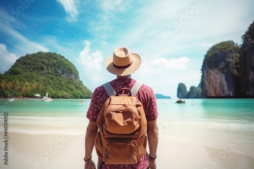 Tourist backpacker with backpack at vacation to Thailand tropical island