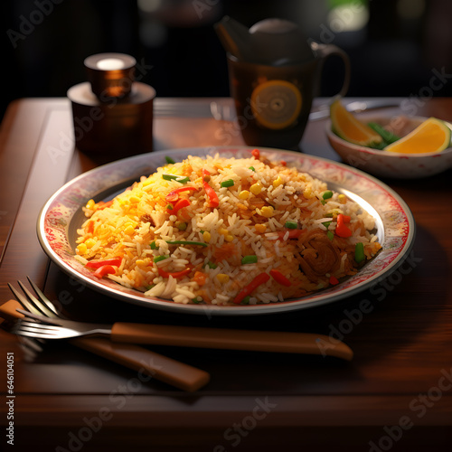 Chicken Fried Rice plate, restaurant background