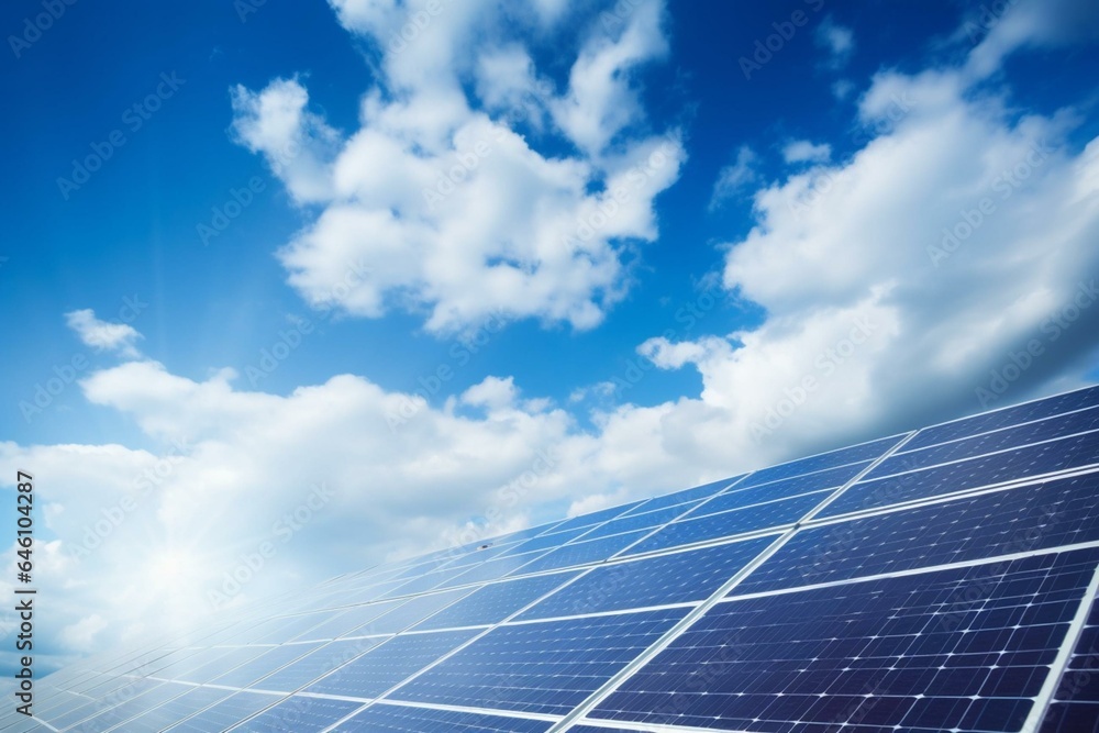 Renewable energy: solar panels harnessing sun's energy against blue sky. Generative AI