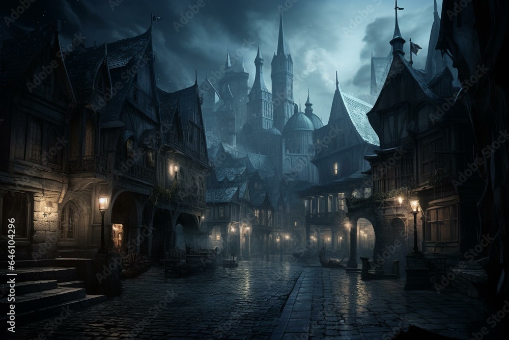 An image depicting a nocturnal scene in a quaint medieval town center, featuring cobblestone streets and towering structures. Generative AI