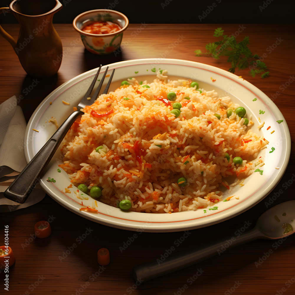 Mix Hot Fried Rice plate in restaurant background