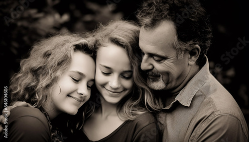 Smiling family embraces outdoors, enjoying love and togetherness in nature generated by AI